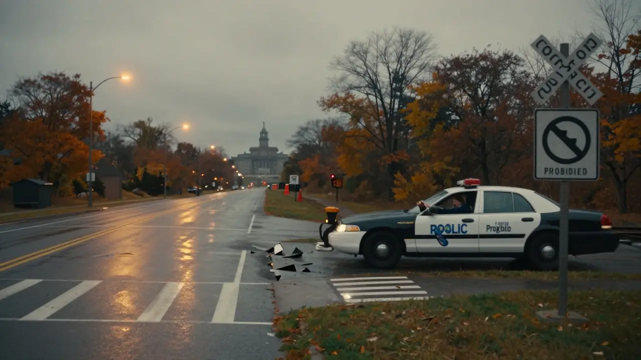 Остановленная машина у железнодорожного переезда с запретным знаком