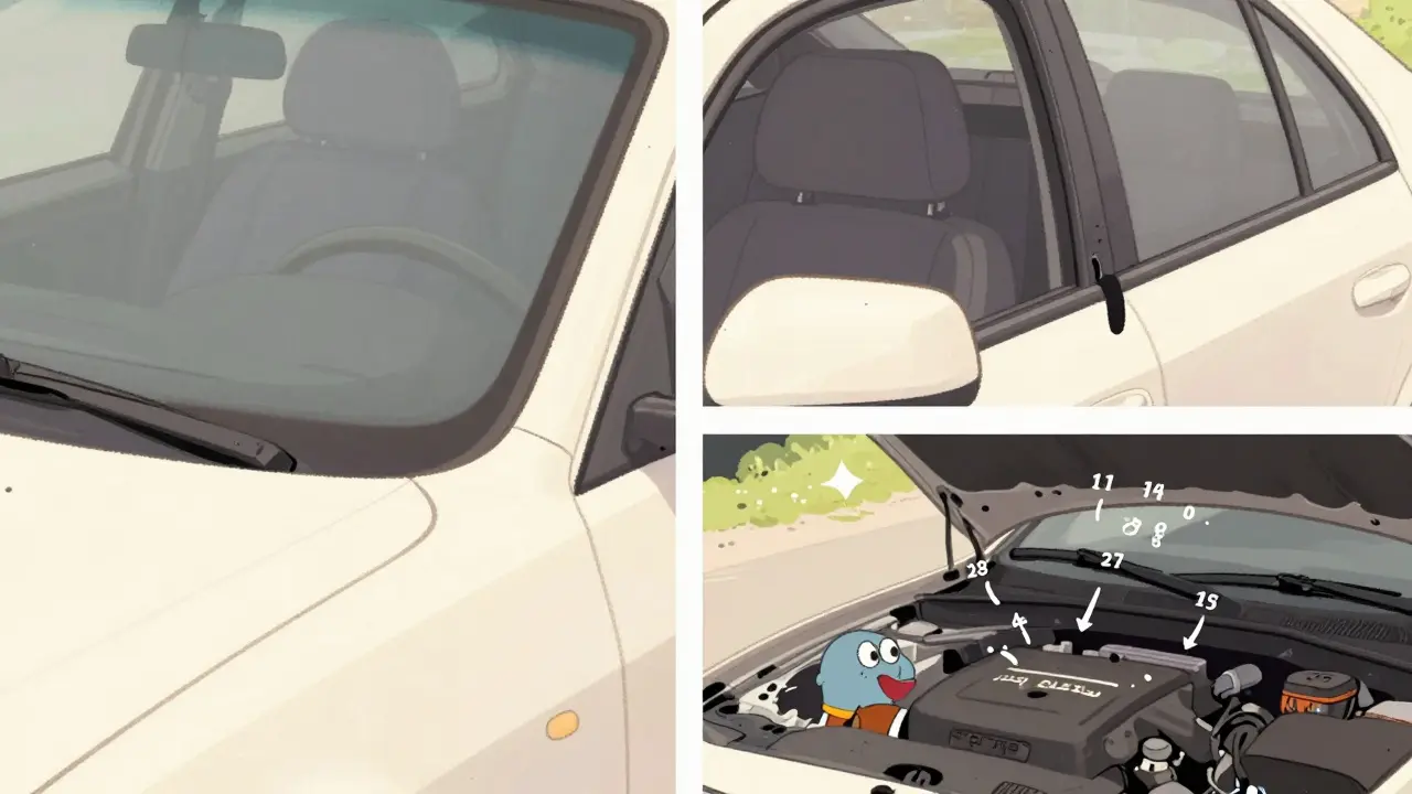 Персонаж ищет VIN-код на лобовом стекле и стойке автомобиля