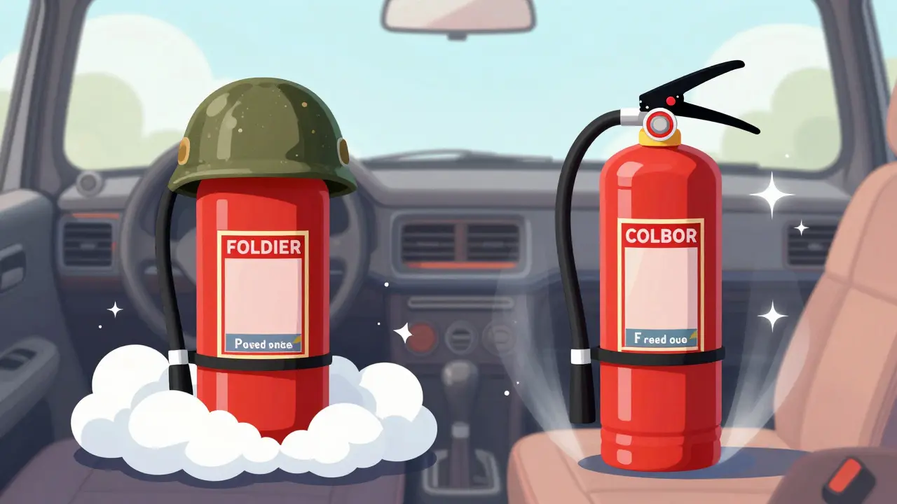 Персонажи-огнетушители: порошковый в белом облаке и чистый углекислотный