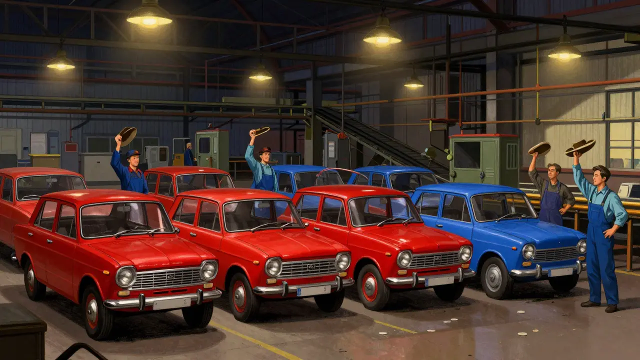 Первые шесть автомобилей ВАЗ-2101 красного и синего цвета на конвейере завода