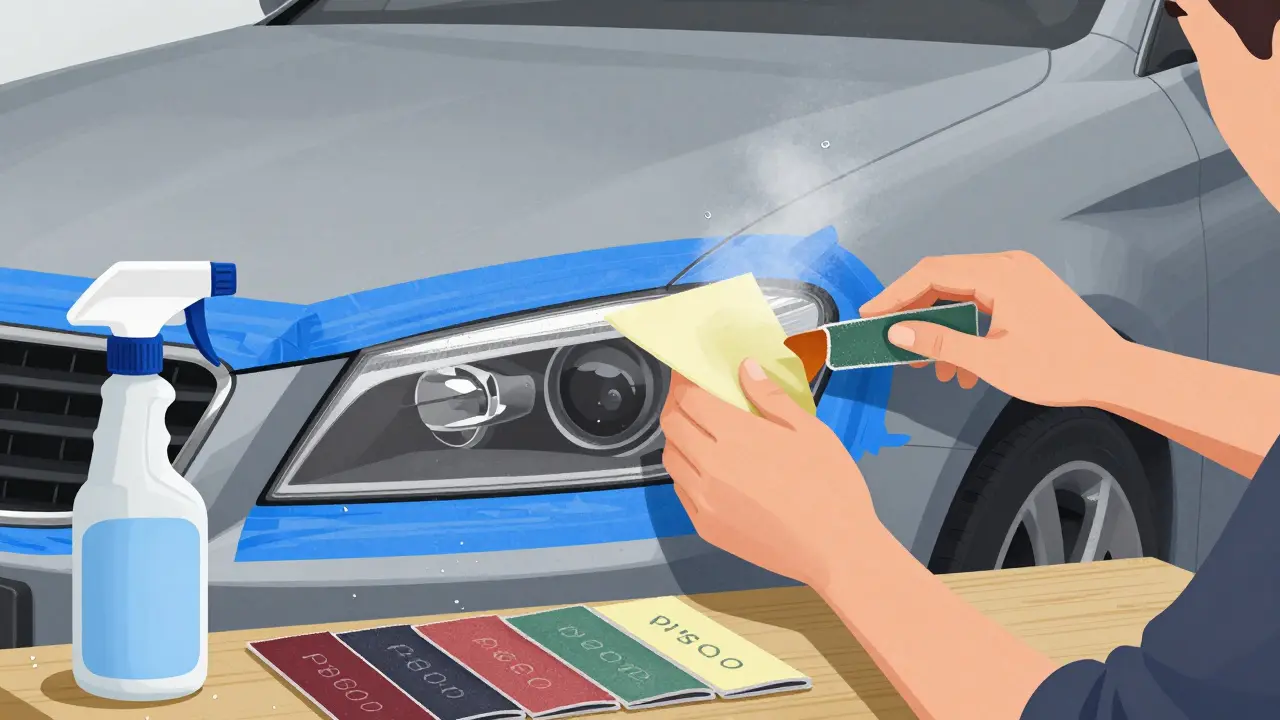 Процесс шлифовки фары наждачной бумагой с использованием малярного скотча