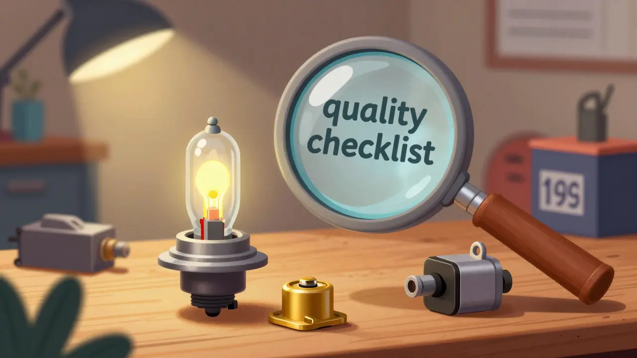 Проверка качества автомобильных реле и ламп с помощью увеличительного стекла на верстаке.