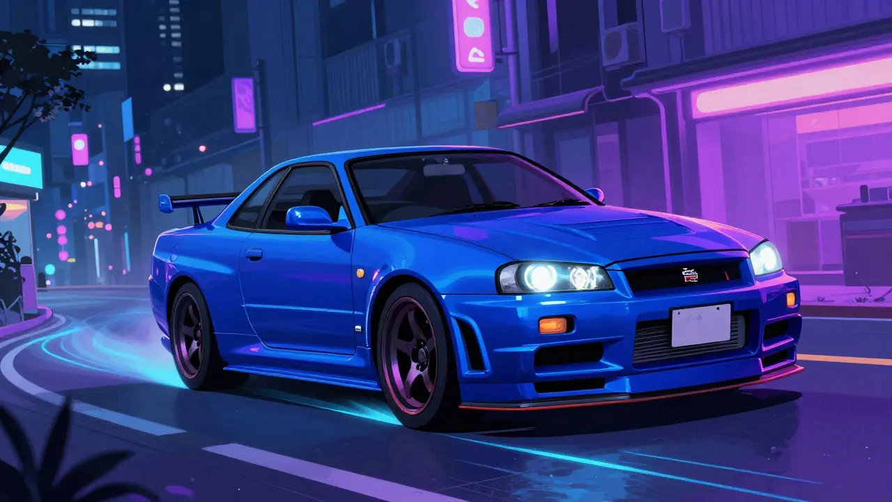 Рисунок Nissan Skyline GT-R R34 в ночном неоновом Токио