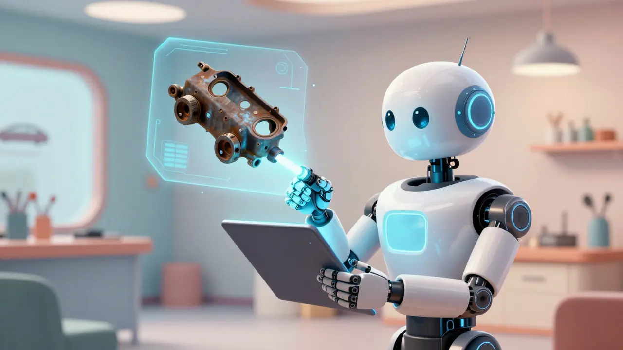 Робот-помощник сканирует старую запчасть для поиска идеальной новой детали