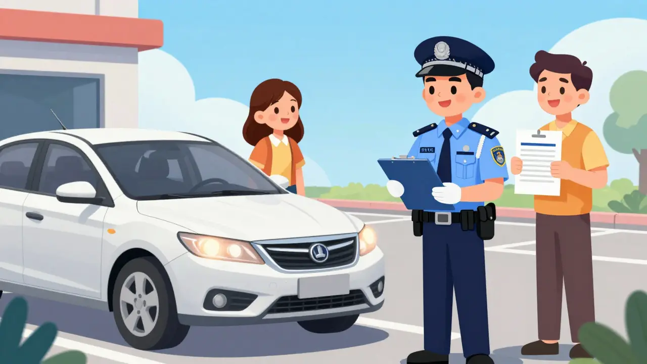 Счастливый владелец получает документы на автомобиль от инспектора ГИБДД