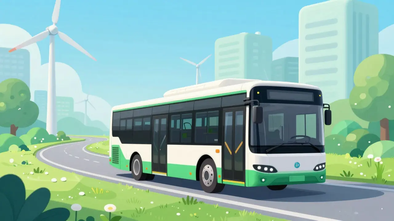 Современный электрический автобус в экологически чистом городе будущего
