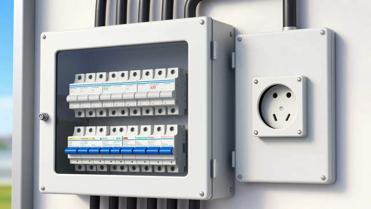 Современный электрощит с УЗО и влагозащищенная розетка IP65 на стене