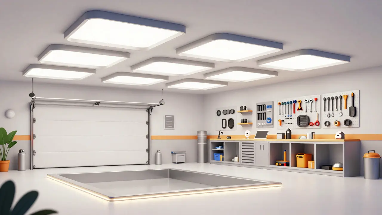 Современный гараж с равномерным LED-освещением и подсветкой смотровой ямы