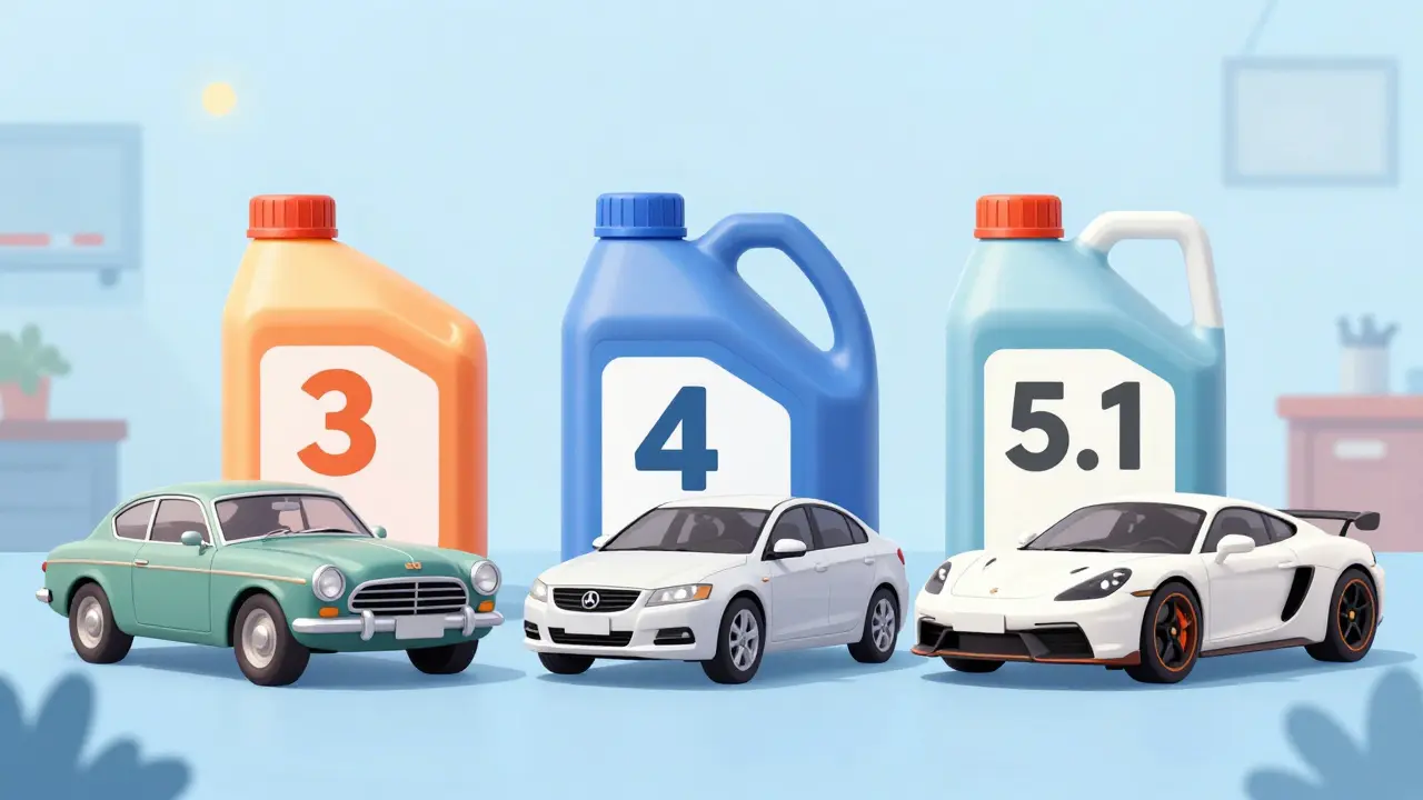 Сравнение бутылочек тормозной жидкости DOT 3, 4 и 5.1 с разными типами авто