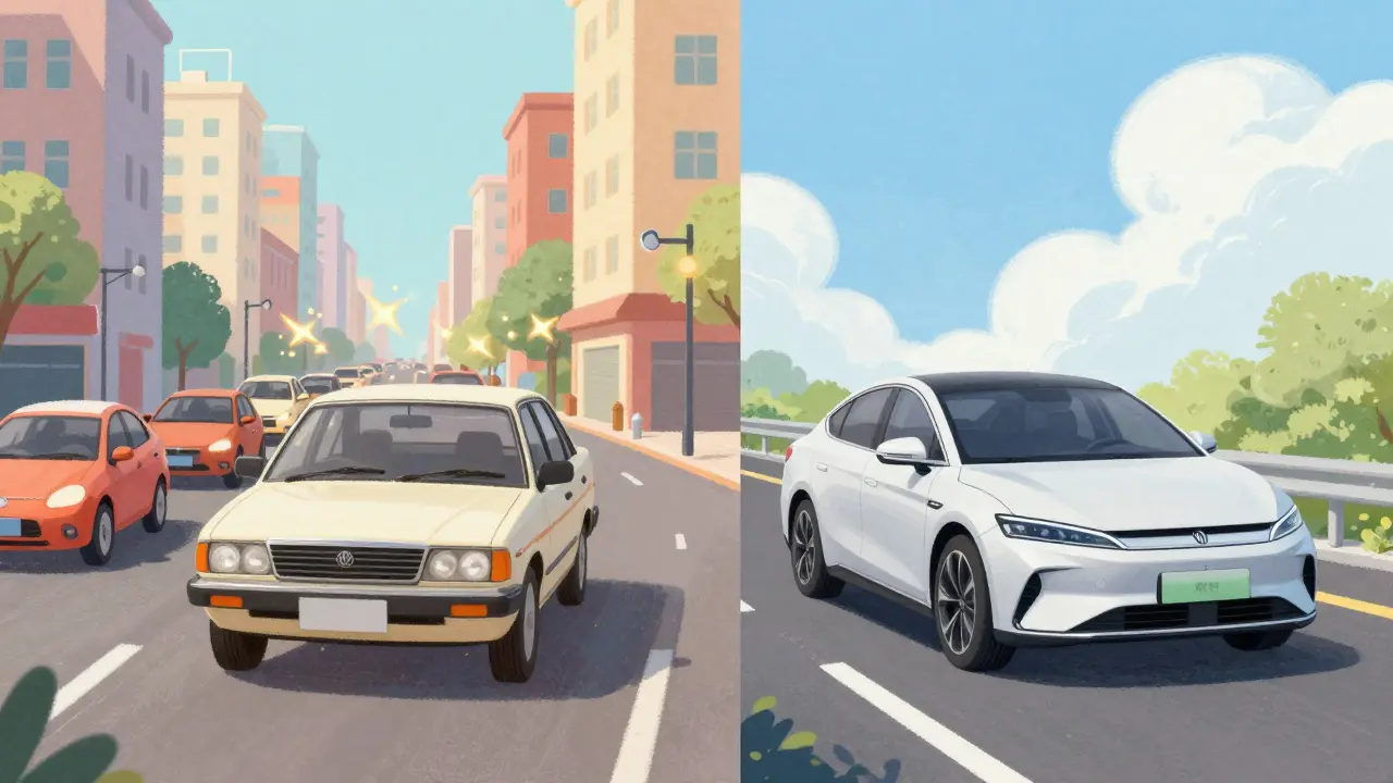 Сравнение двух гибридных седанов в условиях города и на открытой трассе в стиле книжной иллюстрации