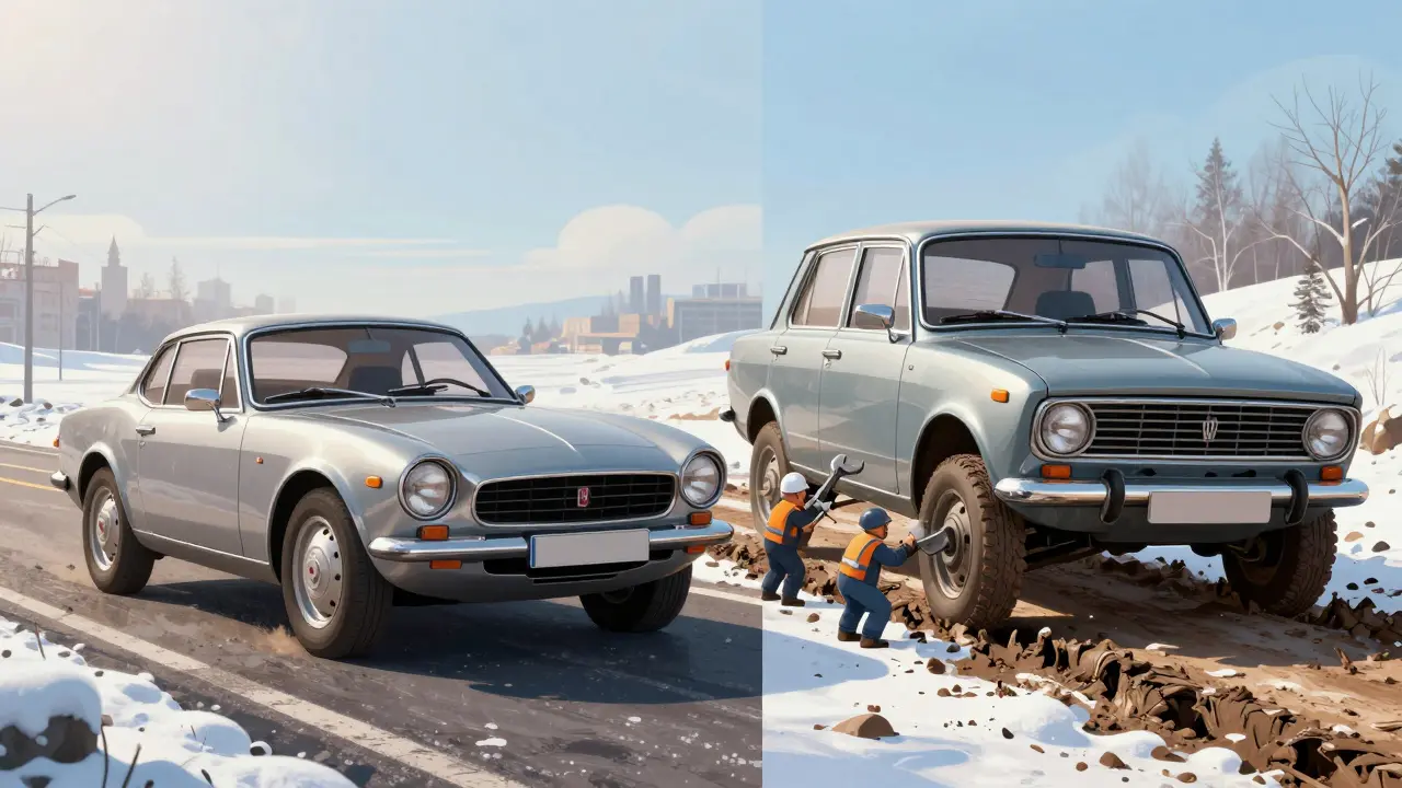 Сравнение Fiat 124 и ВАЗ-2101 на итальянской дороге и в снегах России