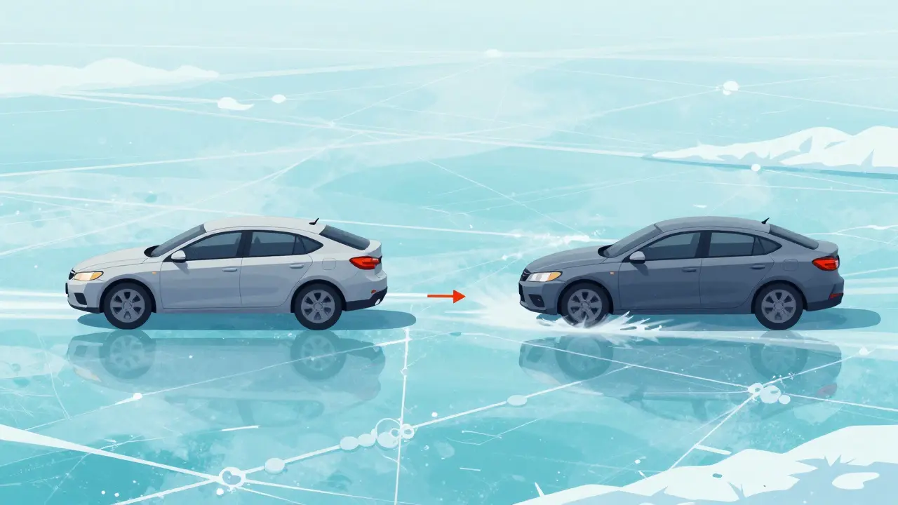 Сравнение тормозного пути двух автомобилей на льду в стиле иллюстрации