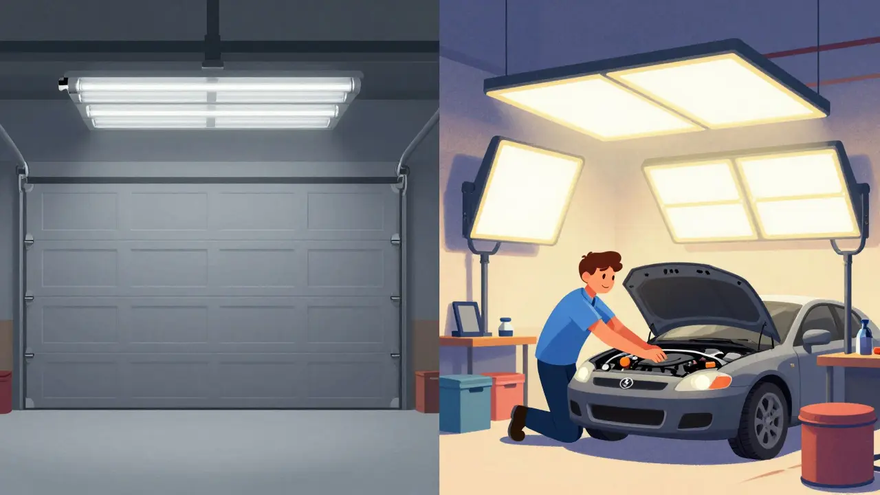 Сравнение тусклого света люминесцентных ламп и яркого LED-освещения в гараже