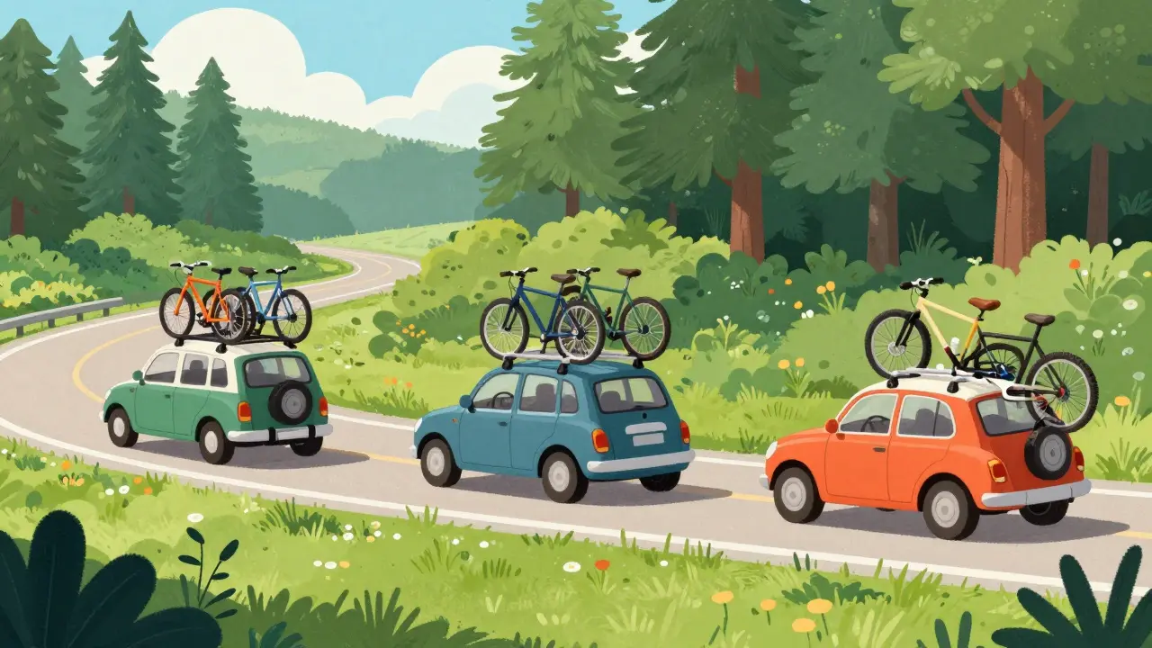 Три автомобиля с разными типами велобагажников едут по живописной дороге