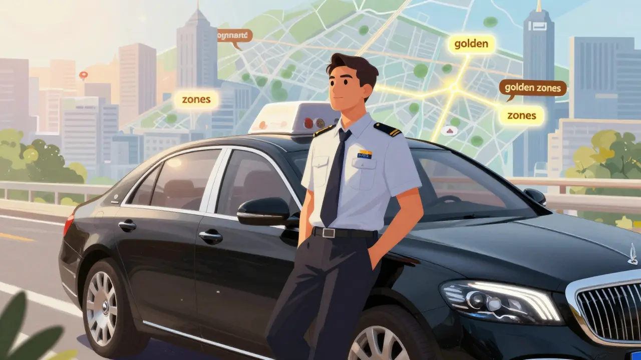 Успешный водитель премиум-класса на фоне золотых зон города