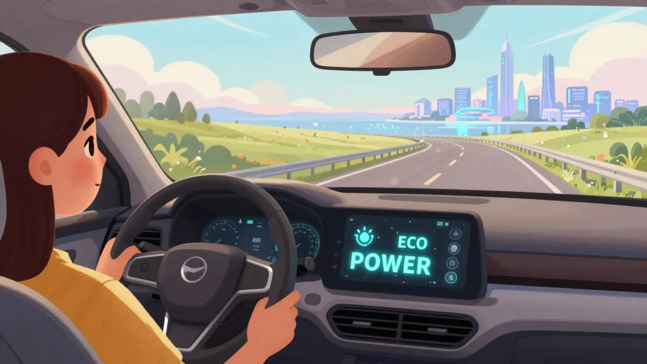 Водитель гибрида выбирает режим вождения на пути к городу будущего