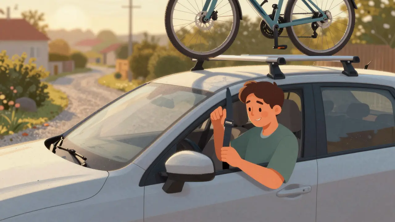 Водитель проверяет крепления велосипеда на крыше автомобиля перед поездкой