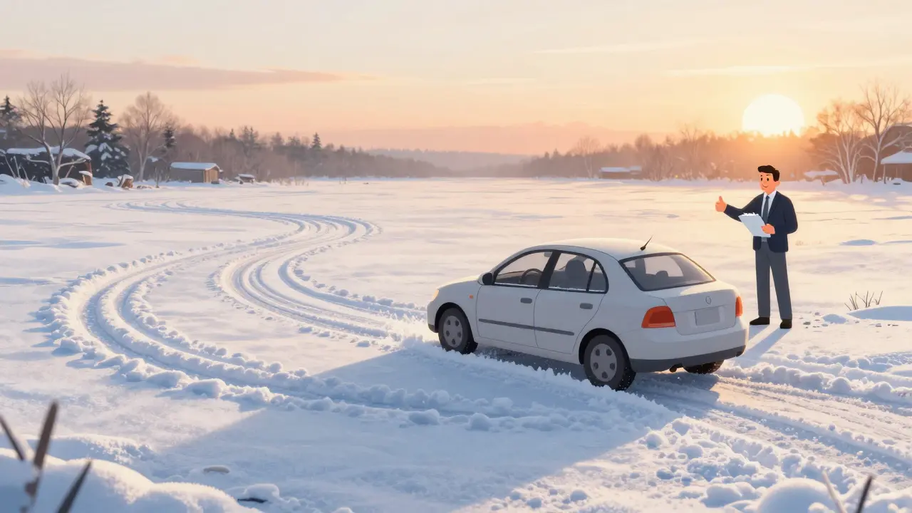 Водитель тренирует навыки управления автомобилем на заснеженной площадке
