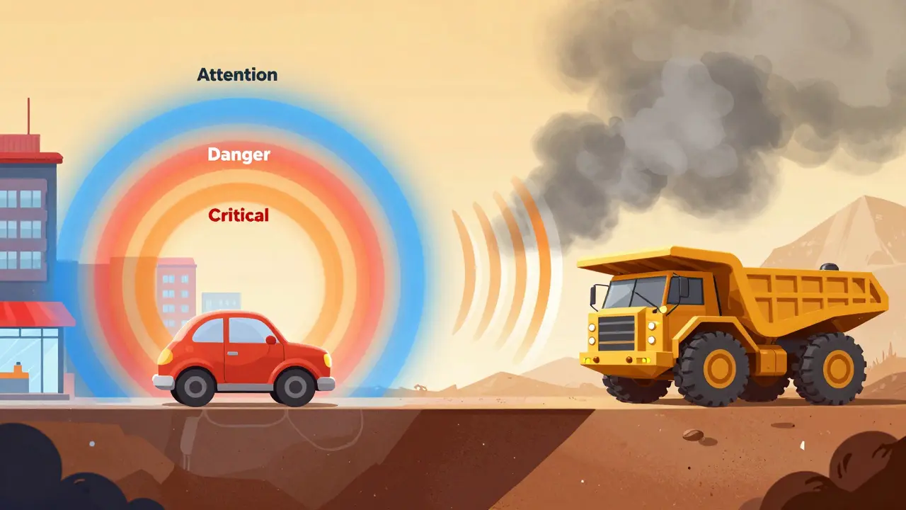 Зоны предупреждения вокруг машины и промышленного грузовика в тумане