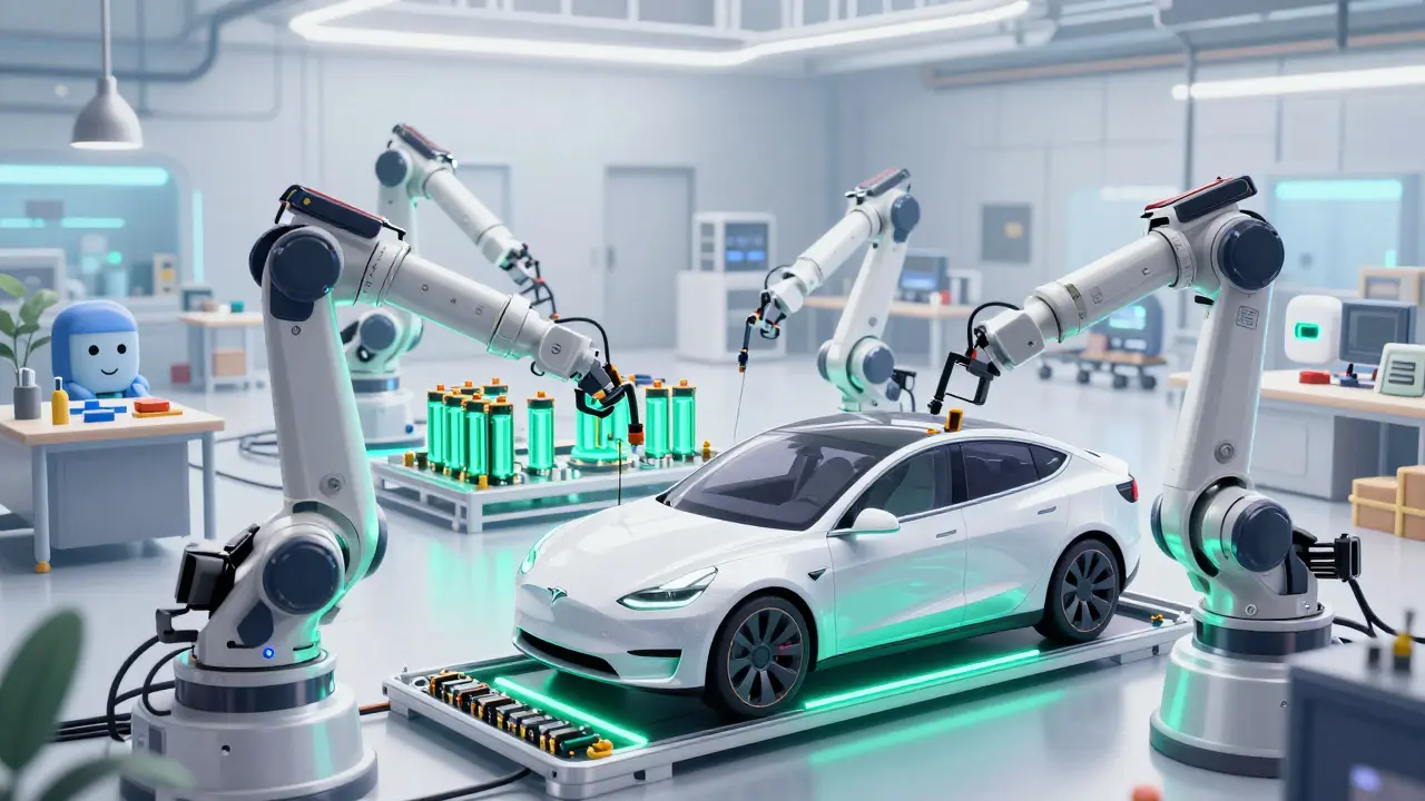 Фабрика Tesla и стартапы Rivian, Lucid в стиле сказочной иллюстрации