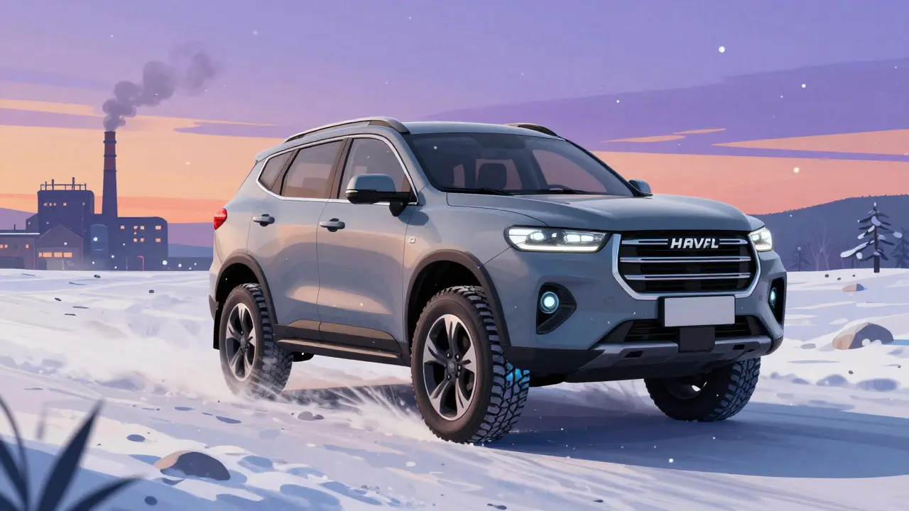 Кроссовер Haval в снежном пейзаже у завода в Тульской области