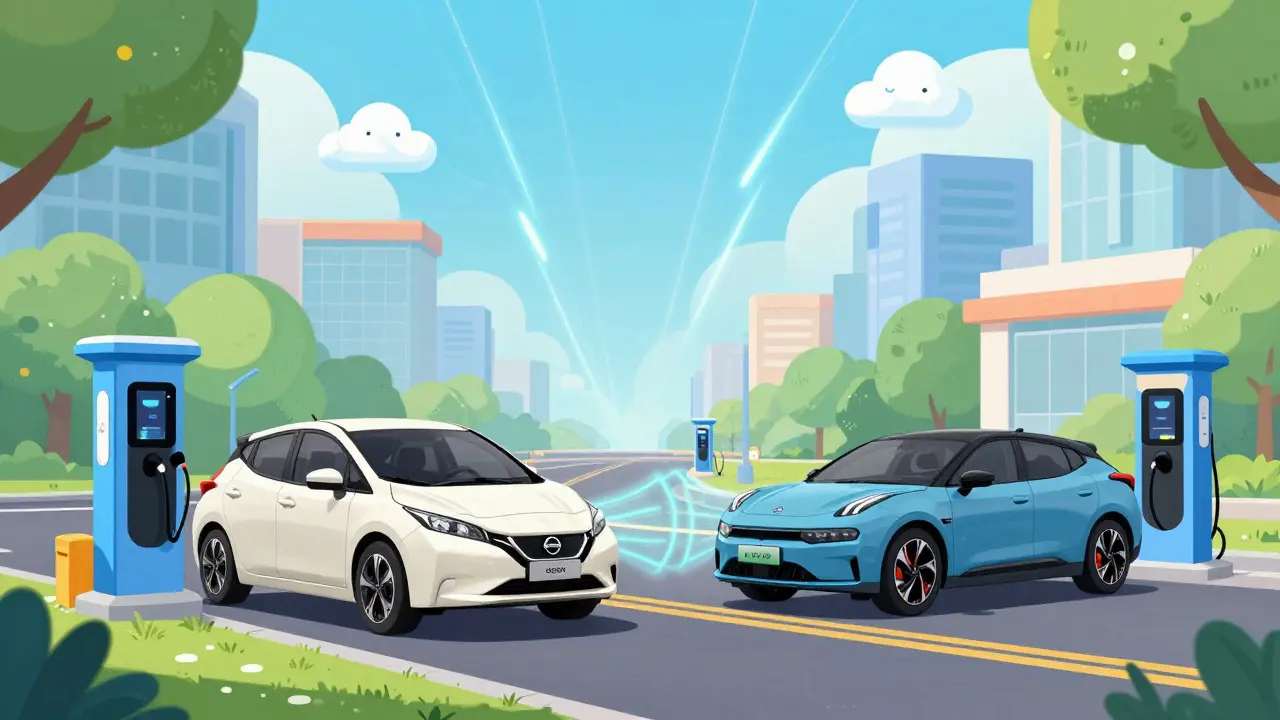 Электромобили Nissan и Zeekr заряжаются на яркой городской улице