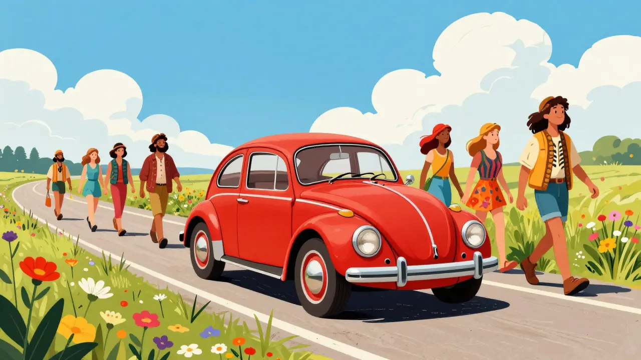 Красный Volkswagen Beetle едет по дороге с хиппи на фоне солнечного неба