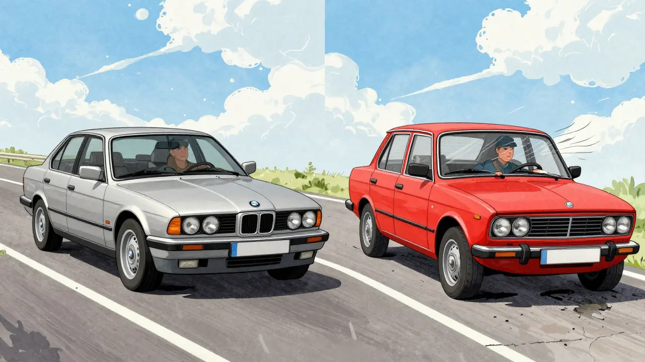 Сравнение BMW E34 и ВАЗ-2101 на дороге в стиле иллюстрации
