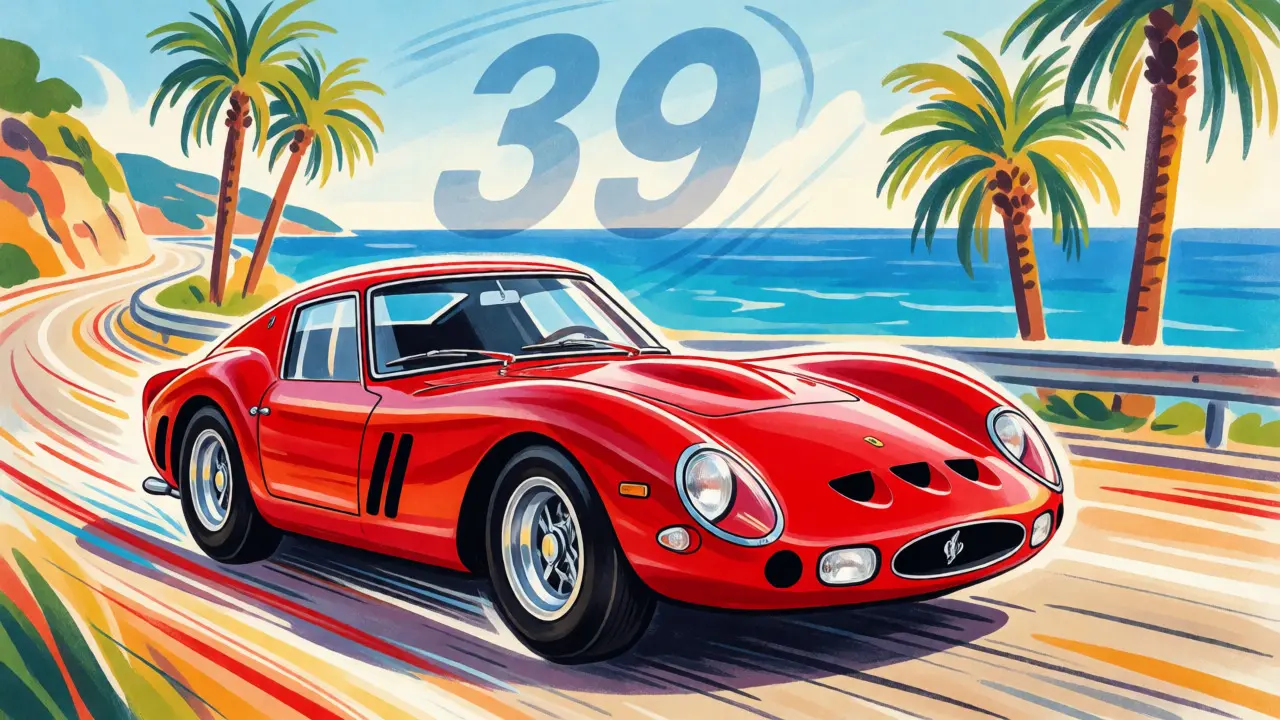 Красный Ferrari 250 GTO на дороге у моря в стиле сказки