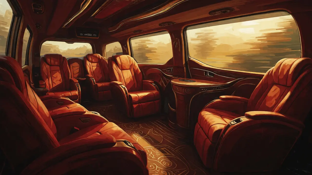 Иллюстрация роскошного салона премиум-микроавтобуса с кожаными креслами