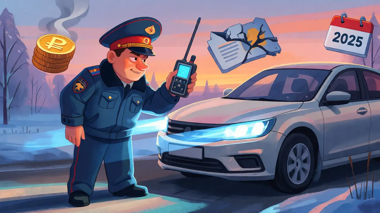 Карикатурный инспектор ГИБДД проверяет яркость фар машины с помощью люксметра на зимней дороге.